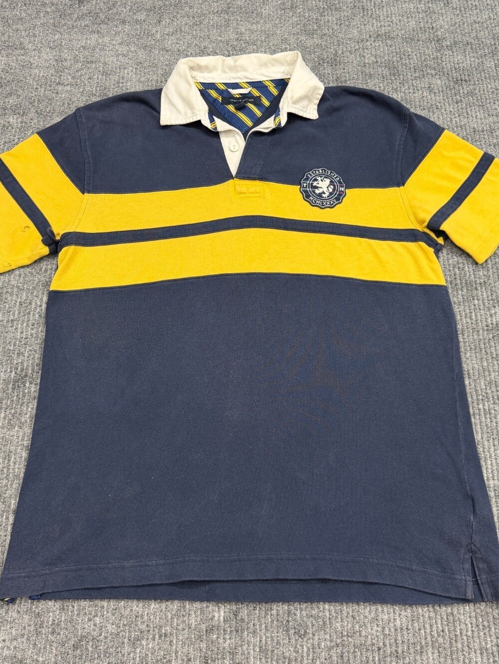 Tommy Hilfiger Polo Rugby Shirt Mens L Blue Yellow Striped Short Sleeve *READ